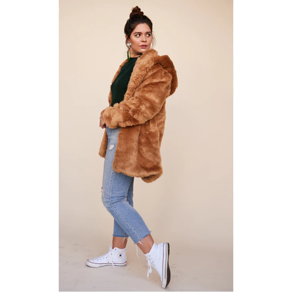 LPA Camel Brown Faux Fur Hooded Coat 84 - Picture 2 of 13